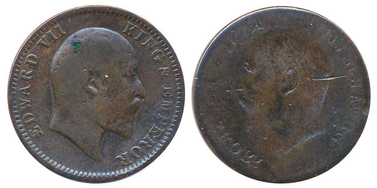 Edward VII, Copper 1/4 Anna, Lakhi- Brockage on obverse. Deep bold strike. Very fine.