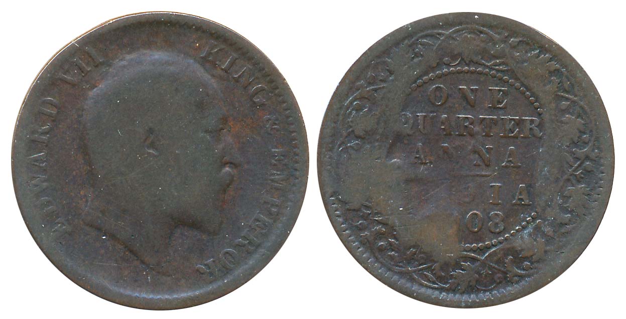 Edward VII, Copper 1/4 Anna, Deep Ghost image. Very fine.