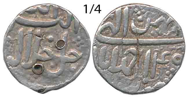 Akbar, Silver 1/4 Rupee, 2.90g, “Jalalahu” type, Ahmedabad Mint, Ilahi Month Bahaman, Year