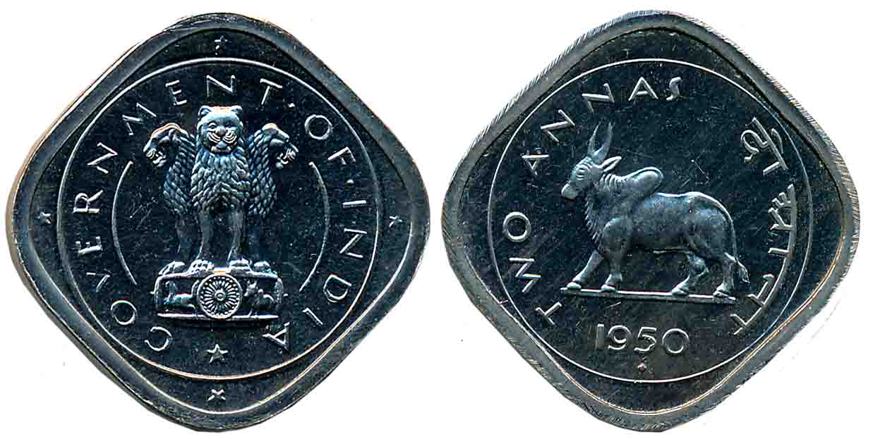 1950, Proof, Copper Nickel 2 Anna, Bombay Mint, Obv: Ashoka Lion, Capita, Rev: Bull walkin