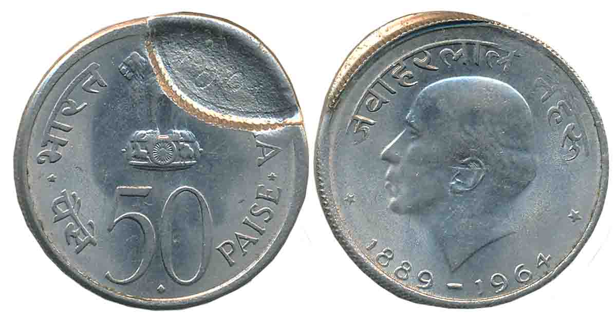 1965, Nickel 50 Paise, Error, Jawaharlal Nehru, Bombay Mint, Obv: Ashoka, Lion, Capital & 