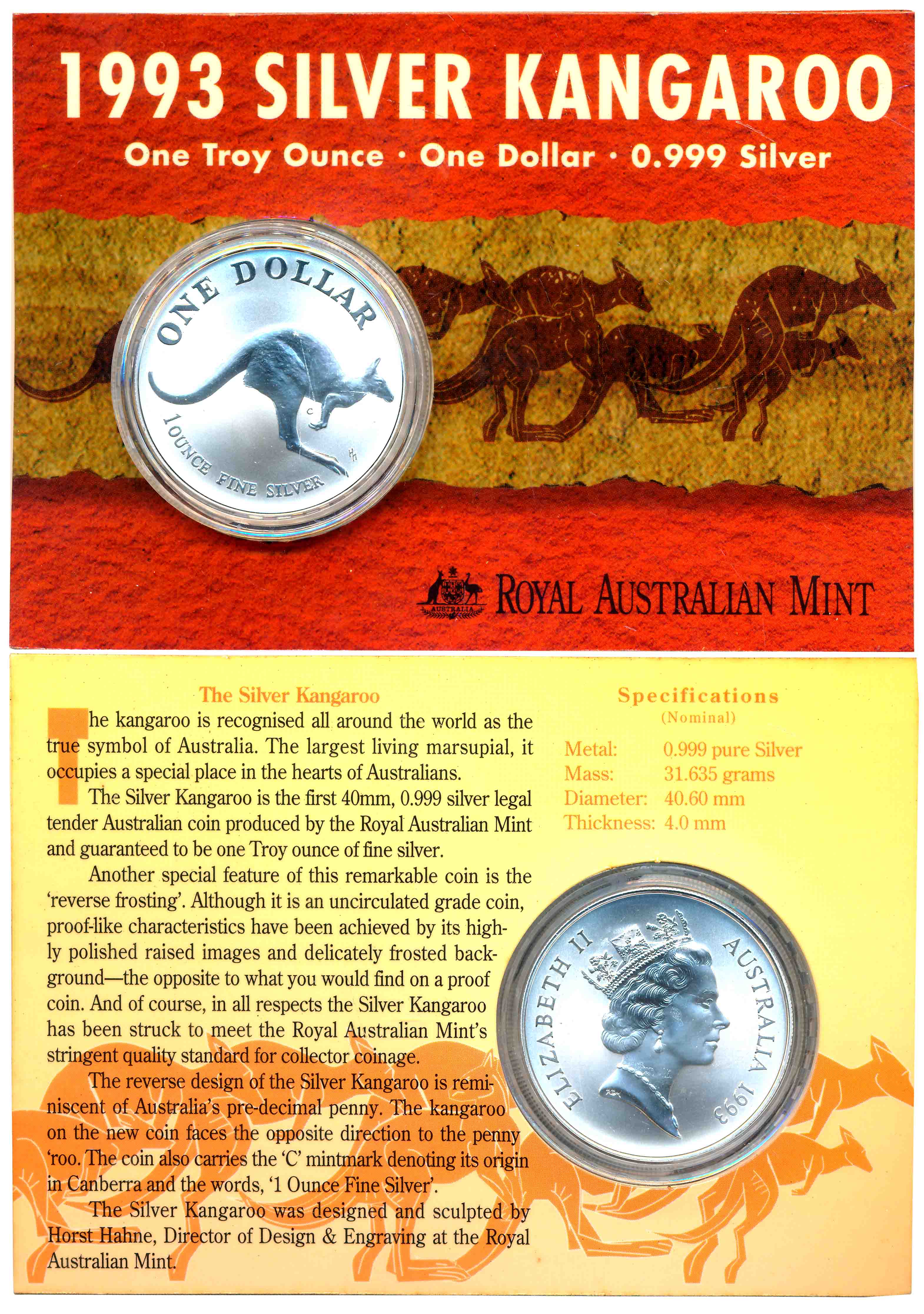 Australia, Elizabeth II, Proof, Silver 1 Dollar, 31.10g, 1993, “Kangaroo”, Obv: portrait o