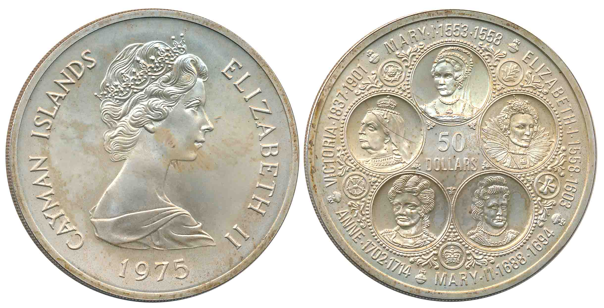 Cayman Island, Elizabeth II, Proof, Silver 50 Dollar, 64.80g, 1975, “Sovereign Queens of E