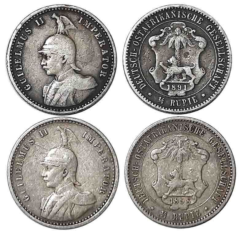 German East Africa, Guilelmus II, Silver 1/4 Rupee, 1891,1898, Obv: Armoured bust to left,