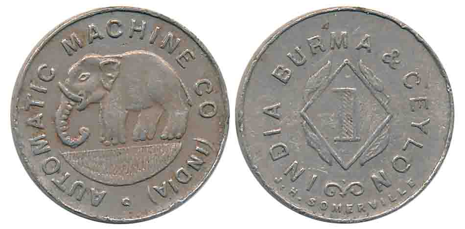 Copper Nickel, 2.99g, Obv: Automatic Machine Co (India) around Elephant, Rev: India Burma 