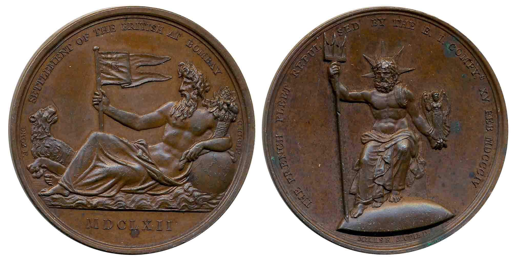 George III, Copper Medal, 1804, Settlement of the British at Bombay, Obv: Neptune reclinin