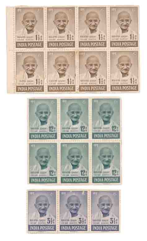 Mahatma Gandhi Stamps (17), 1948, 12 Annas (6), 3 1/2 Annas (3), 1 1/2 Annas (8). Back sid