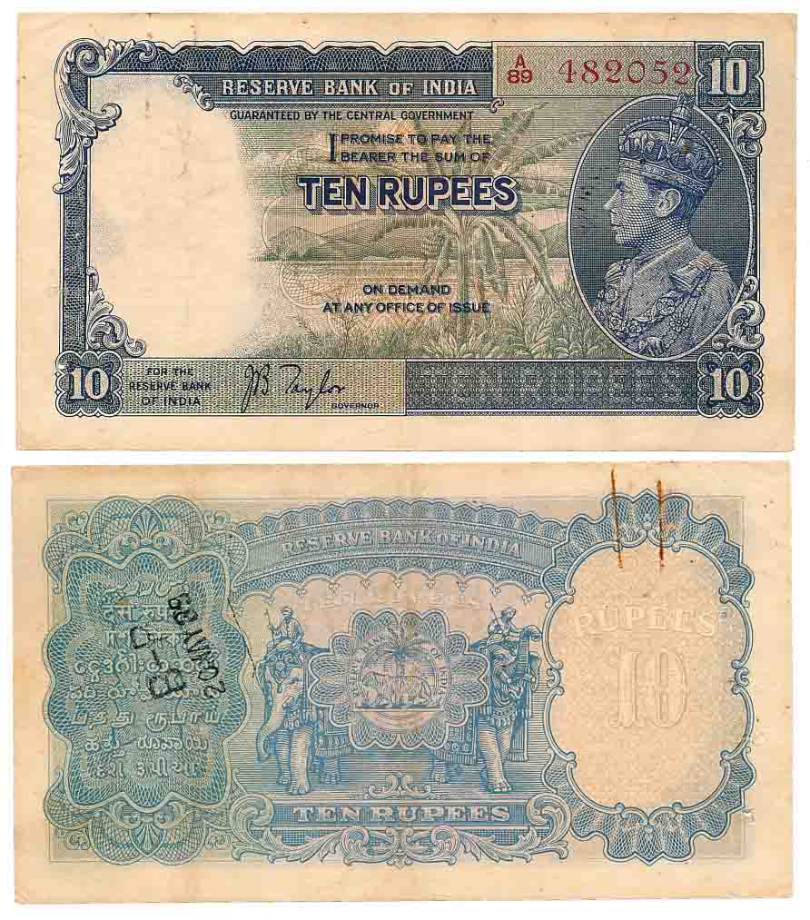 George VI, Rupees 10, 1st issue, Type 4.5, Signed J. B. Taylor, Prefix A/89 (R IPM# 4.5.1)