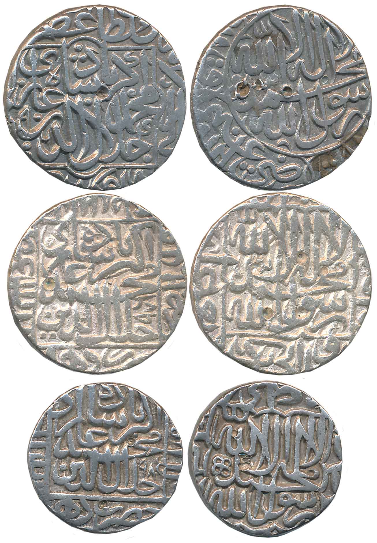 Akbar, Silver Rupees (3), “Kalima” type, Hazrat Delhi Mint, AH 964, AH 976, AH 985 (KM# 80