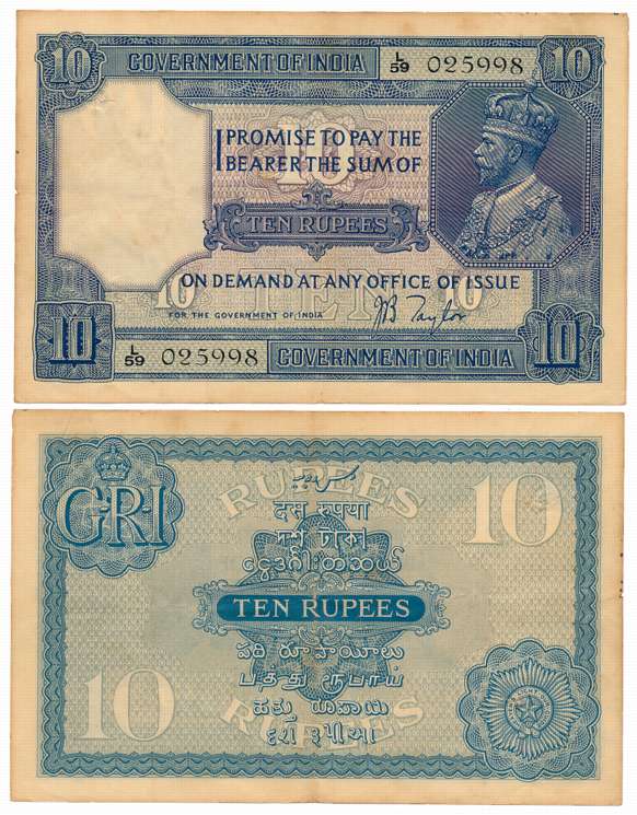George V, Rupees 10, 2nd issue, Type 3.7, Signed J. B. Taylor, Prefix L/59 (R IPM# 3.7.2).