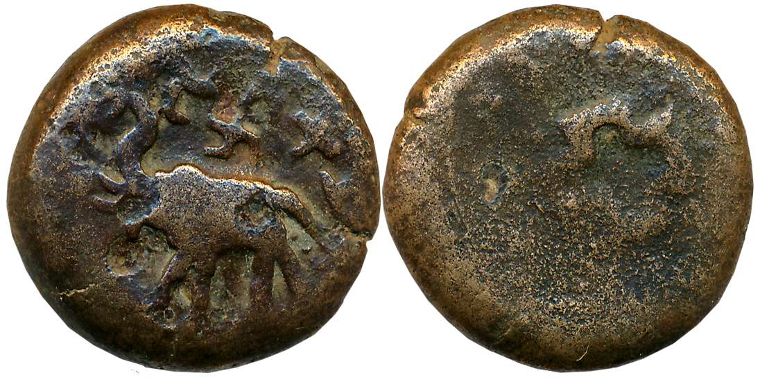 Sri Satakarni, Copper, 13.32g, Obv: Elephant to left, Swastika above, Brahmi legend “(Si r