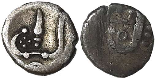 Silver 2 Puttuns, 0.97g, Obv: Sun & Moon above lazy J & dots, Rev: Conch shell (KM# 6). Ab