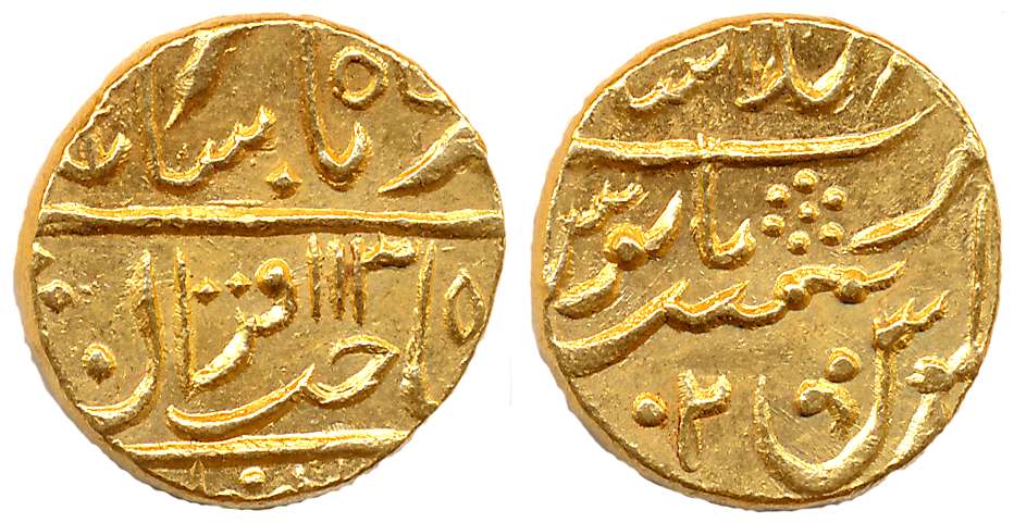Gold Mohur, 10.79g, Pseudo Mint name Dar al-Khilafat Shahjahanabad Mint but struck at Lash