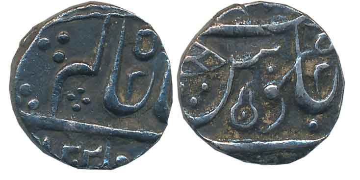 Ahalya Bai, Silver 1/4 Rupee, 2.76g, Maheshwar Mint, in the name of Shah Alam II, AH 1202 