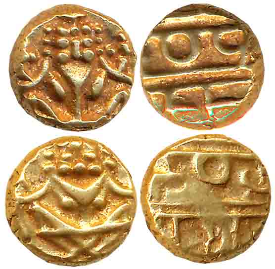 Gold Narsimha Fanam (2), 0.38g, 0.38g, Obv: Lord Narsimha, Rev: Legend (KM# C# 212). About