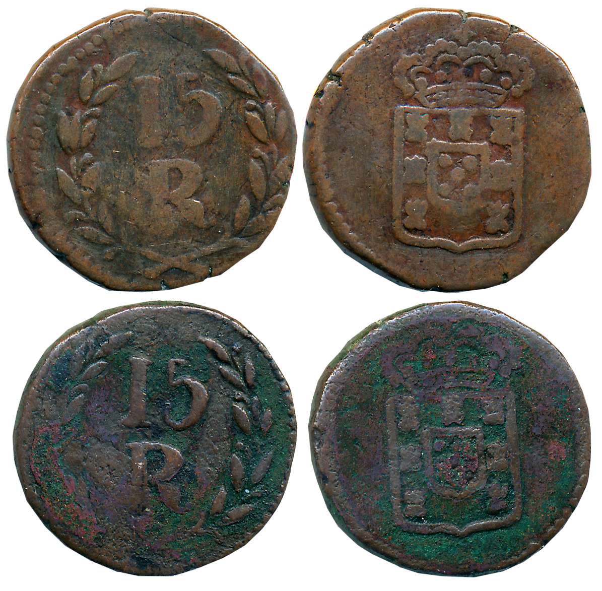 Goa, D. Maria II, Copper, 15 Reis- 1/4 De Tanga (2), 9.29g, 8.52g, Obv: Crown monogram, Re