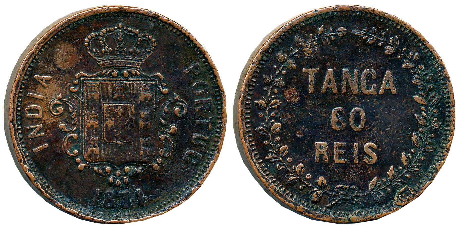 Luiz I, Copper 60 Reis- Tanga, 38.19g, 1871, Obv: Crowned arms date below, Rev: Value with