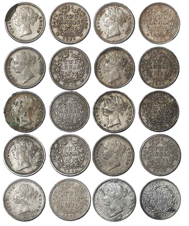 Victoria Queen, Silver 2 Annas (10),1841, Divided legend. Fine to very fine+. 10 coins.