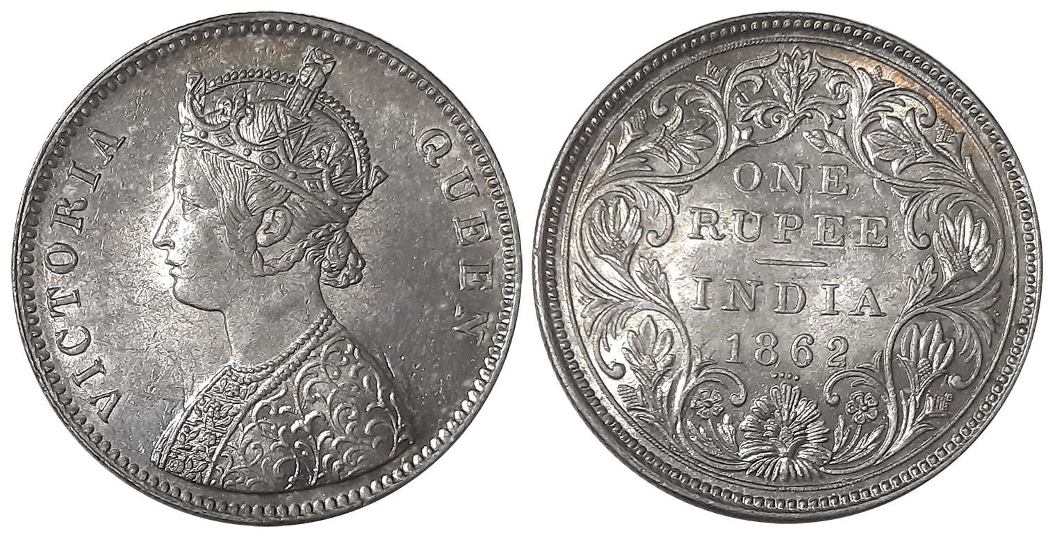 Victoria Queen, Silver Rupee, 1862, 4 Dots. Extremely fine+.
