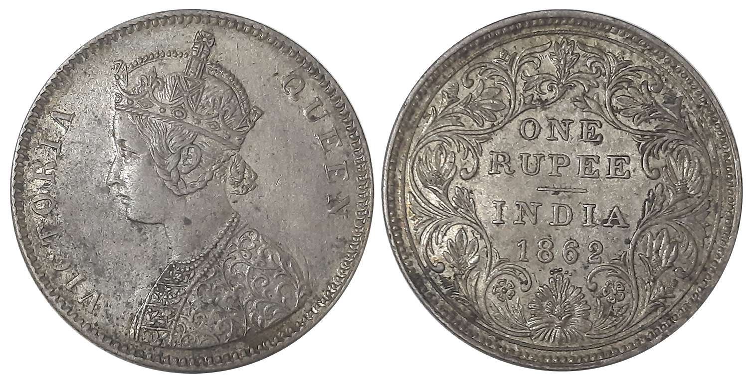 Victoria Queen, Silver Rupee, 1862, 5 Dots. Extremely fine.