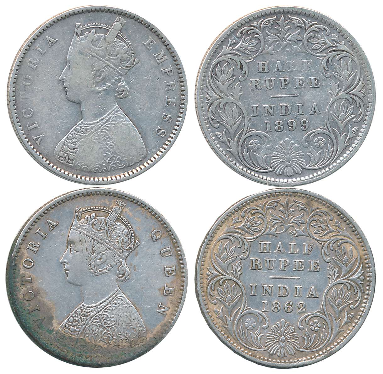 Victoria Queen, Silver 1/2 Rupees (2), 1862, Calcutta Mint, 1899, Bombay Mint. Very fine. 