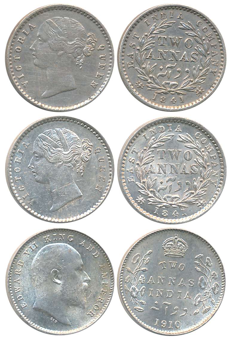 Silver 2 Annas (3), Victoria Queen, 1841 (2), Divided legend & Edward VII, 1910. Extremely