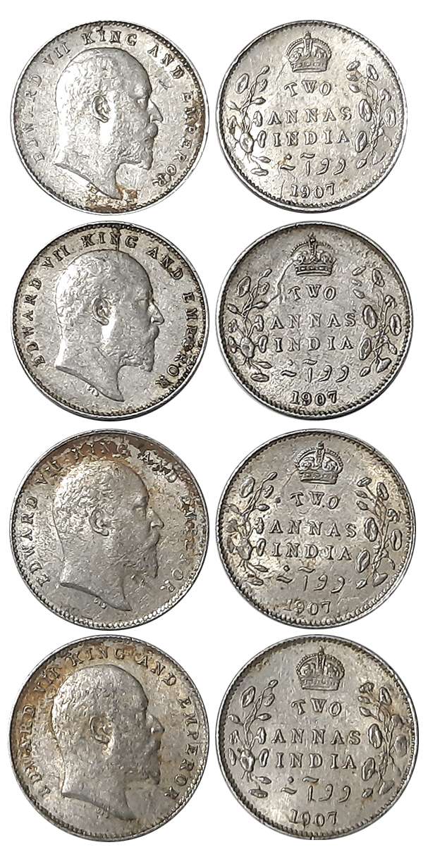Edward VII, Silver 2 Anna (4), Calcutta Mint, 1907 (KM# 505). Very fine+. 4 coins.