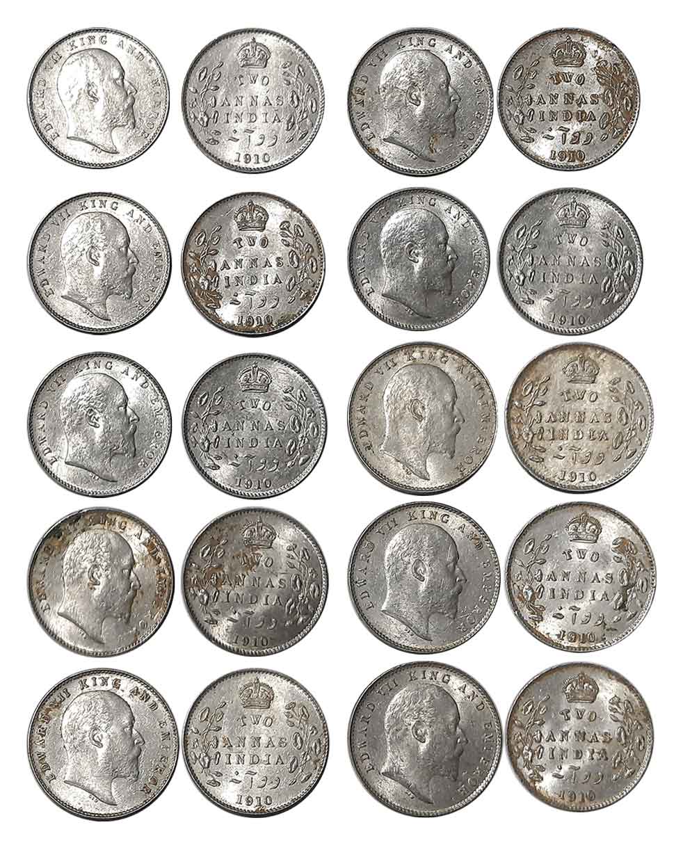 Edward VII, Silver 2 Anna (10), Calcutta Mint, 1910 (KM# 505). Extremely fine to about unc