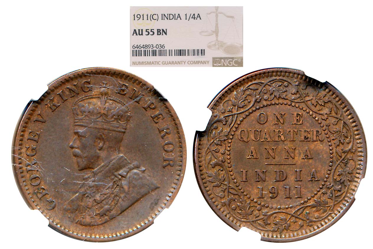 George V, Copper 1/4 Anna, 1911, Calcutta Mint. Slab & Graded by NGC as AU 55 BN.