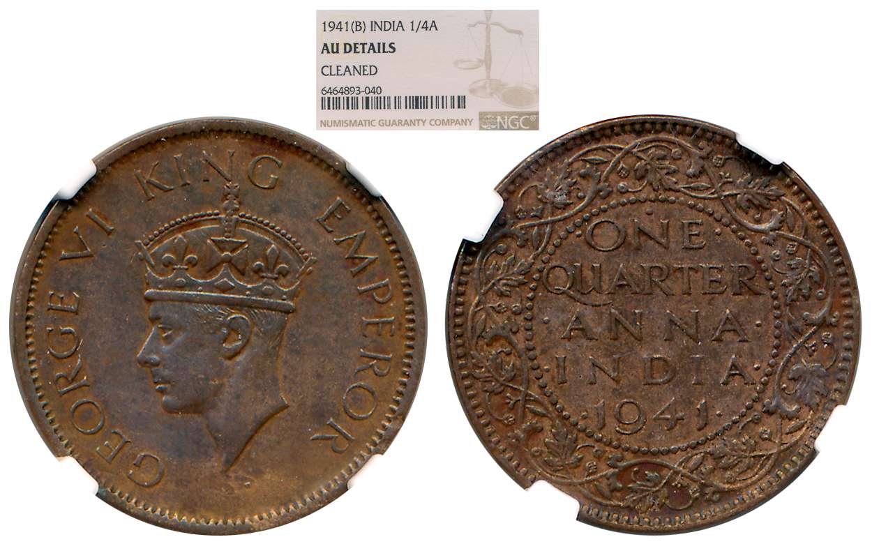 George VI, Copper 1/4 Anna, 1941, Bombay Mint. Slab & Graded by NGC as AU Details Cleaned.