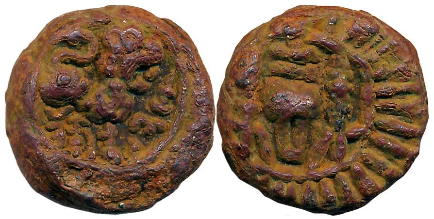 Vishnukundin, Andhra Region, Copper Base Alloy, 7.72g, Obv: Lion facing right front Srivat
