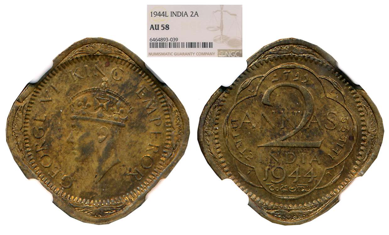 George VI, Nickle Brass 2 Anna, 1944, Lahore Mint. Slab &amp; Graded by NGC as AU 55.