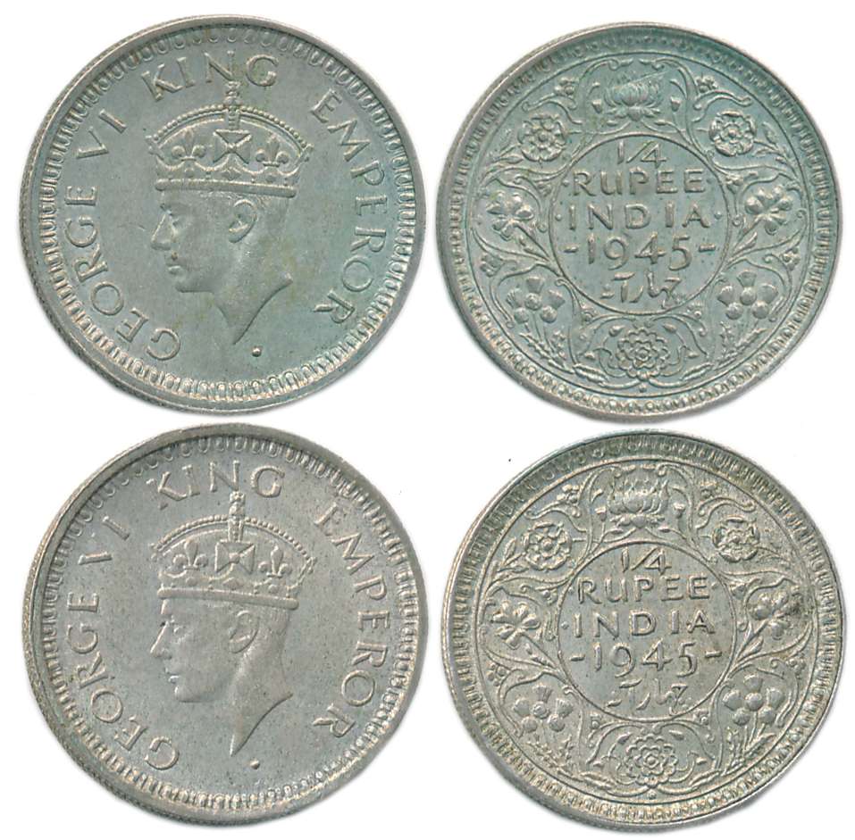 George VI, Silver 1/4 Rupees (2), 1945, Bombay Mint, Large 5 (Prid# 470). About extremely 