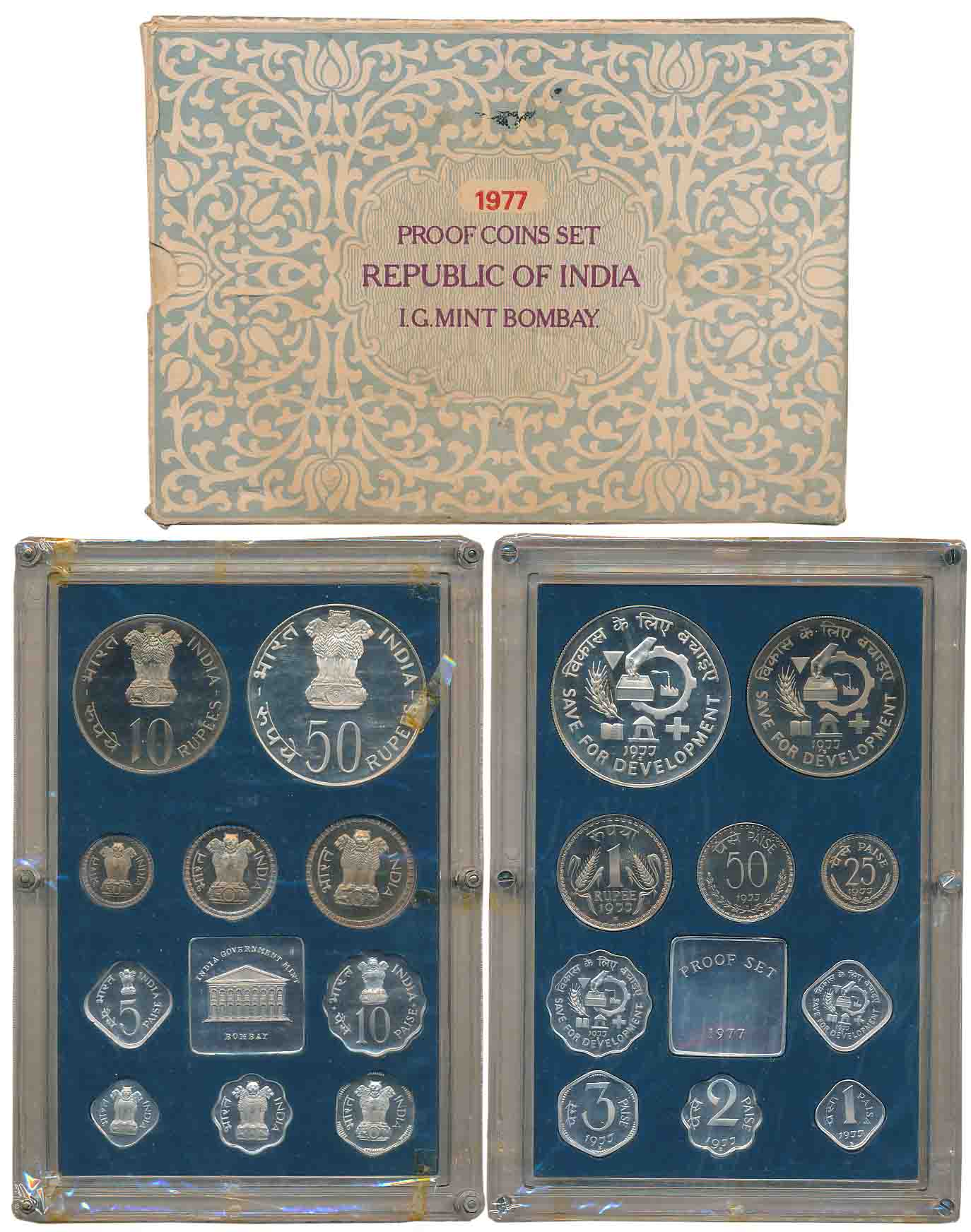 1977, Proof Set of 10, Rupees 50, 10 & 1, Paise 50, 25, 10, 5, 3, 2, & 1, with mint emblem