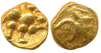 Kadambas, Gold 1/2 Fanam, 0.11g, Obv: Lion to right with upraise pow, Rev: Elephant goat. 