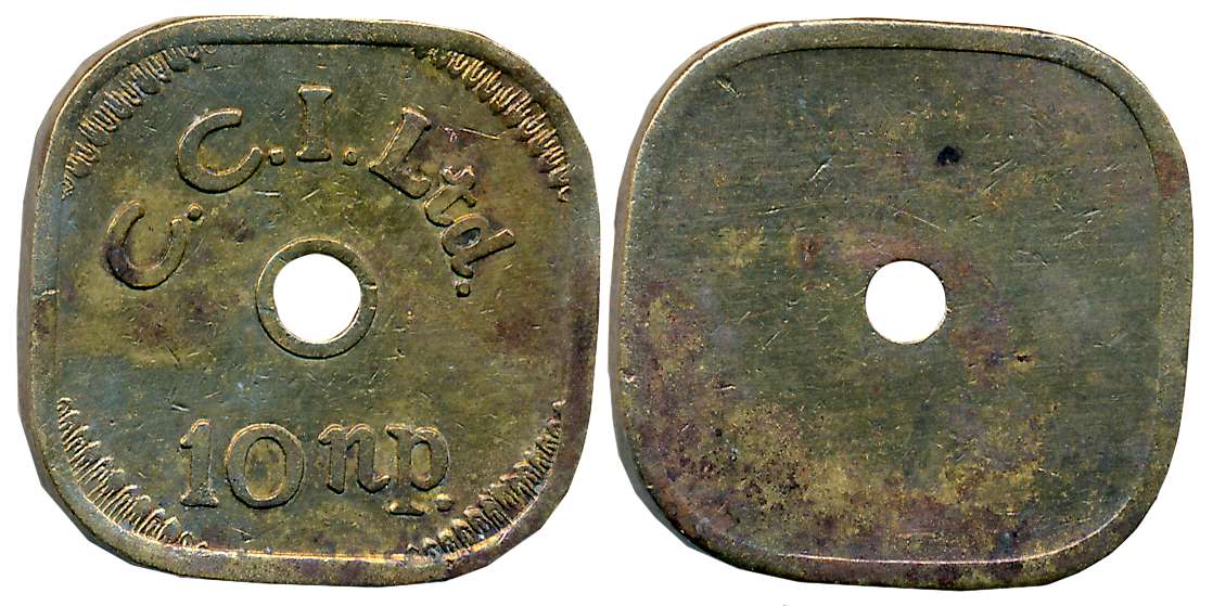 Canteen Token, Brass Square Token, 6.63g, Cricket Club of India Ltd, 10 Naya Paise, Hole i