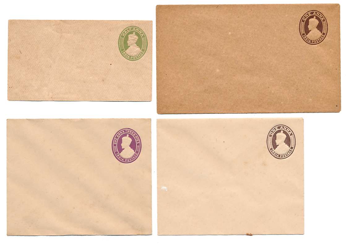 George V, Unused Postal Covers (4), 1 Anna (2), 1 Anna 3 Pies (1) & 1/2 Anna (1). In nice 