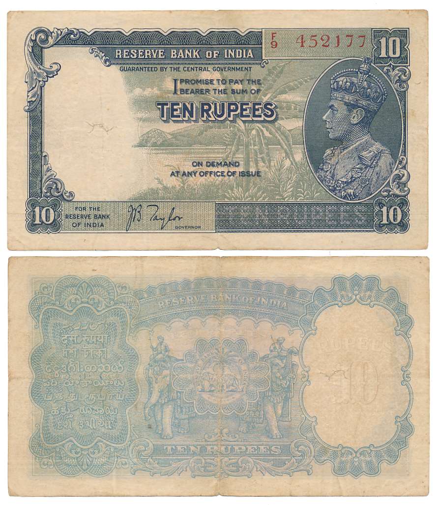George VI, Rupees 10, 1st issue, Type 4.5, Signed J. B. Taylor, Prefix F/9 (R IPM# 4.5.1).