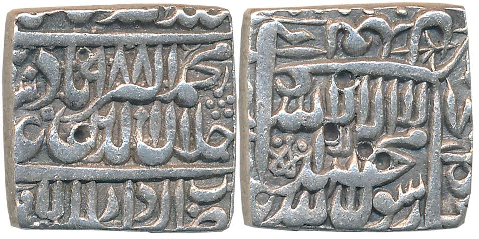Akbar, Silver Square Rupee,11.38g, “Kalima” type, Dar ul Sultanate Lahore Mint, AH 988 (KM