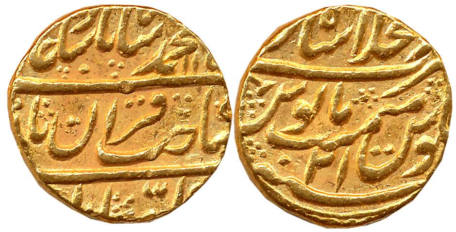 Muhammad Shah, Gold Mohur, 10.89g, Dar ul Khilafat Shahjahanabad Mint, AH 115X/ RY 21 (KM#