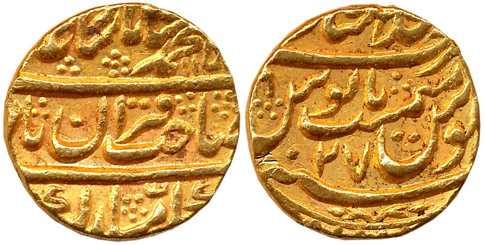 Muhammad Shah, Gold Mohur, 10.86g, Dar ul Khilafat Shahjahanabad Mint, AH 115X/ RY 27 (KM#