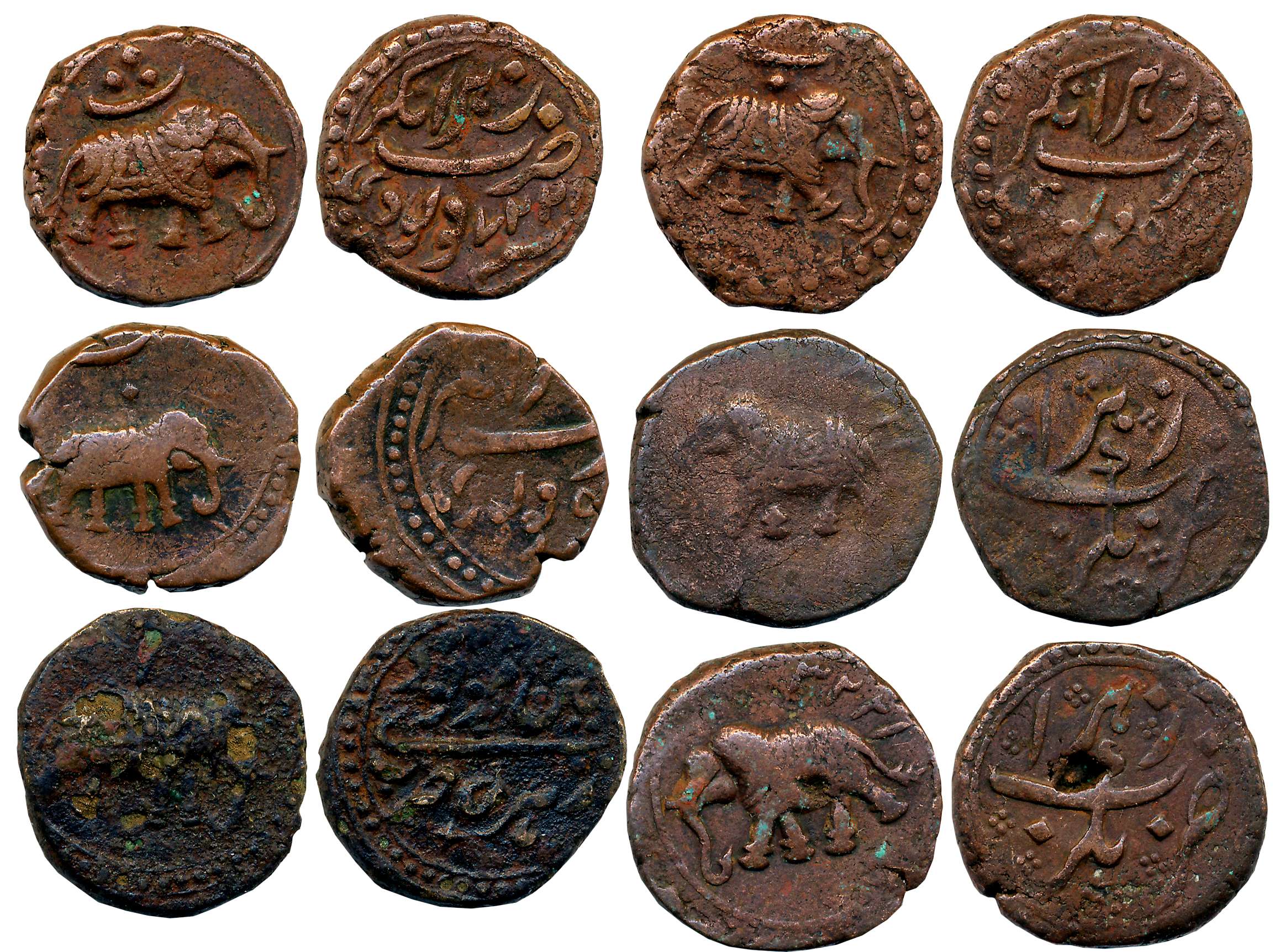 Tipu Sultan, Copper Paisa (6), Nagar Mint (5), Patan Mint (1). Very fine. 6 coins.
