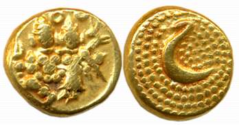 Haidar Ali, Gold Pagoda, 3.40g, Obv: Lord Shiva Parvati seated, Rev: Persian letter “He” f