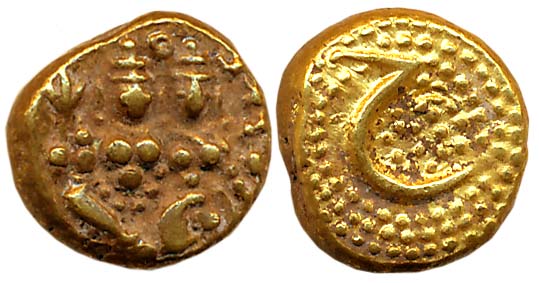 Haidar Ali, Gold Pagoda, 3.43g, Obv: Lord Shiva Parvati seated, Rev: Persian letter “He” f