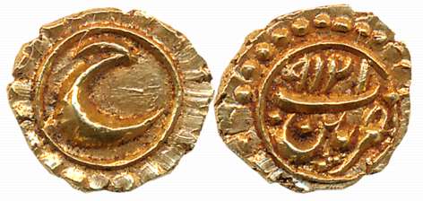 Tipu Sultan, Gold Fanam, 0.37g, Patan Mint, AM 1219, Persian letter “He” (KM# 128.1). Extr