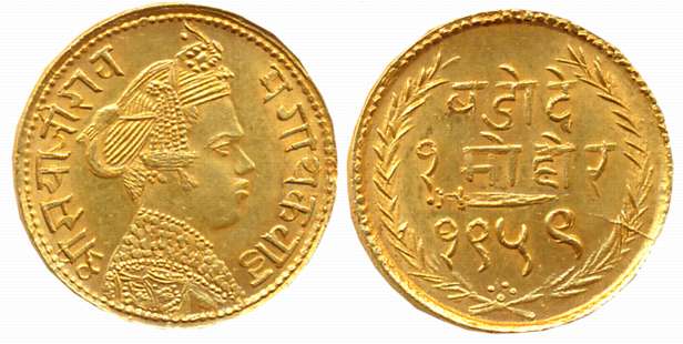 Sayaji Rao III, Gold Mohur,6.34g, VS 1959, Tiny edge nick otherwise extremely fine+, very 