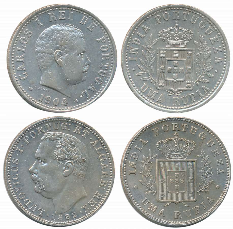 Silver Rupees- Uma Rupia (2), Luiz I, 1882, Obv: Bust to left, Rev: Crowned arms within sp