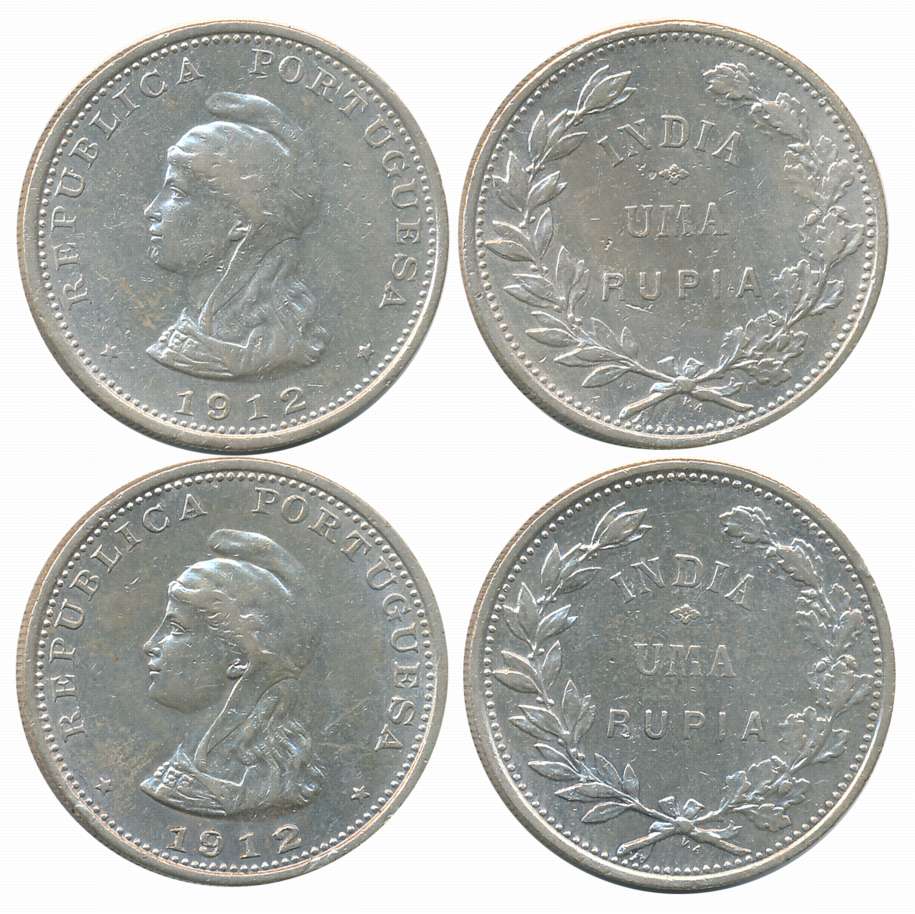 Silver Rupees- Uma Rupia (2), 1912, Obv: Liberty head to left, Rev: Denomination within wr