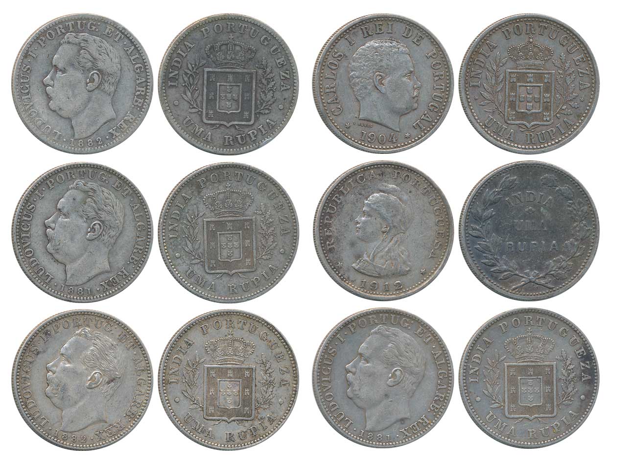 Silver (6), Luiz I, Silver Uma Rupia (4), 1881 (2), 1882 (2), Obv: Bust to left, Rev: Crow