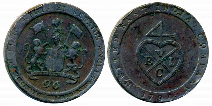 Copper 1/96 Rupee, 6.49g, 1794, Soho Mint, Obv: Arms of E.I.Co, Rev: Bale mark & date (KM#